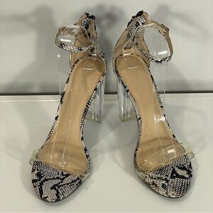 Wild Diva Lounge Snakeskin Clear Strap Block Heel Ankle Strap Zip Heel Sandal 9M
